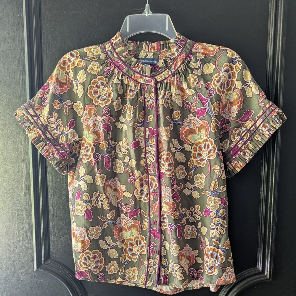 Democracy‎ Blouse Green Floral Paisley Pleated Ruffle Mock Neck PS Velvet Trim